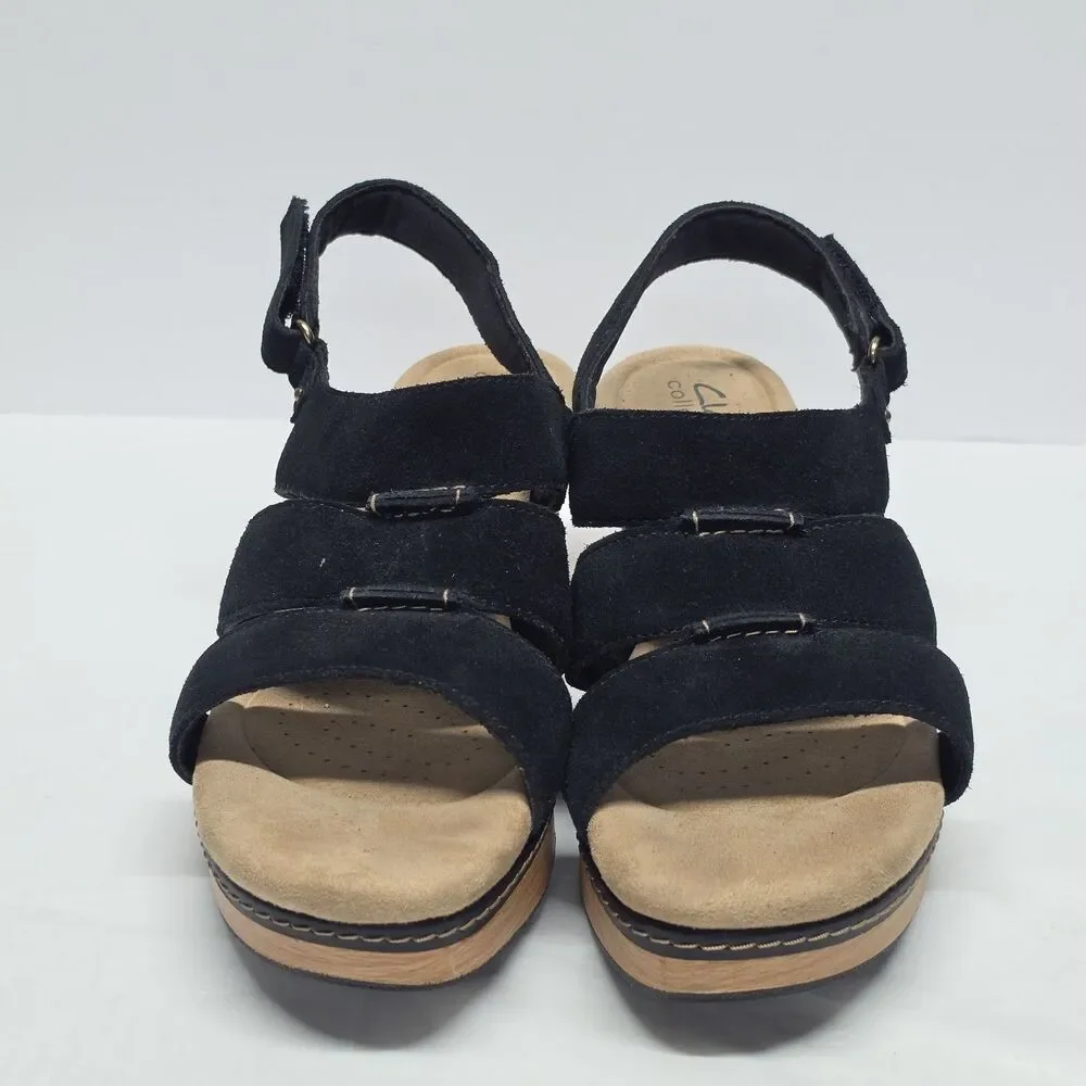 Clarks Seannah Glow Suede Wedge Sandal In Black Womens Sz 10 Wide Slingback